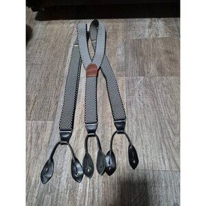 Vintage German Suspenders Leather Loops Diamond Pattern Adjustable Black White